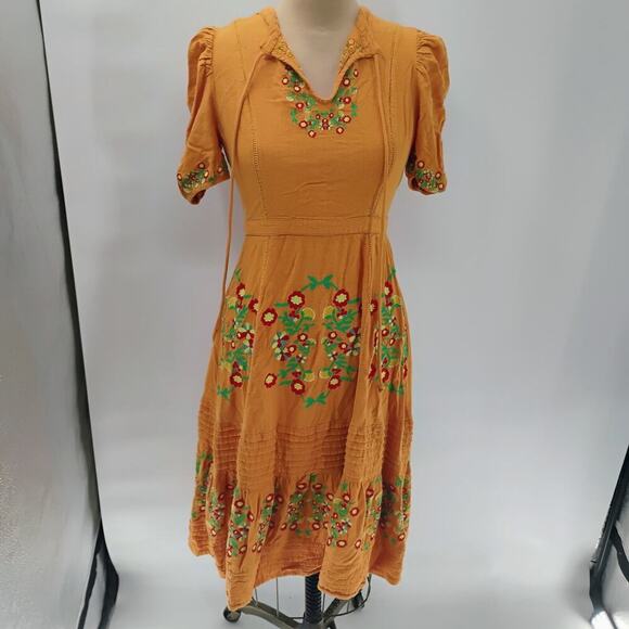 Ollari maxi Dress Yellow/Orange linen from Anthropologie Mexican pattern boho - Picture 4 of 15